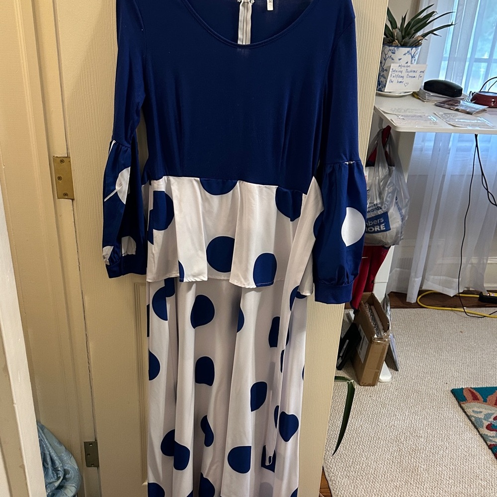 Source Unknown Navy and White Long Sleeve Dress